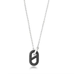 Sterling Silver Black CZ Oval Link Pendant Necklace – Rhodium Plated – Adjustabl